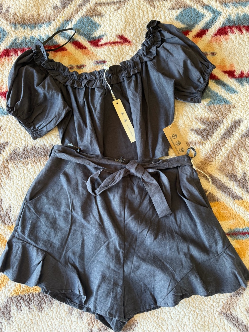 She + Sky Charcoal Off-Shoulder Romper with Tie Waist